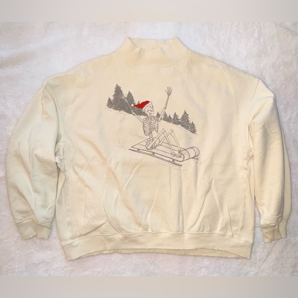 American Eagle Outfitters Cream Holiday Skeleton Sweatshirt Oversized L